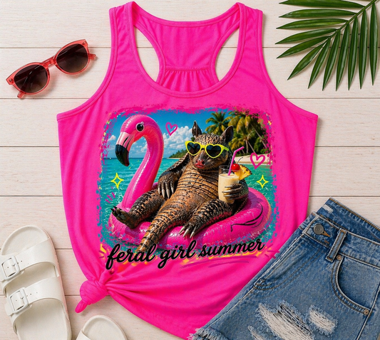 Feral Girl Summer Neon Pink Racerback Tank